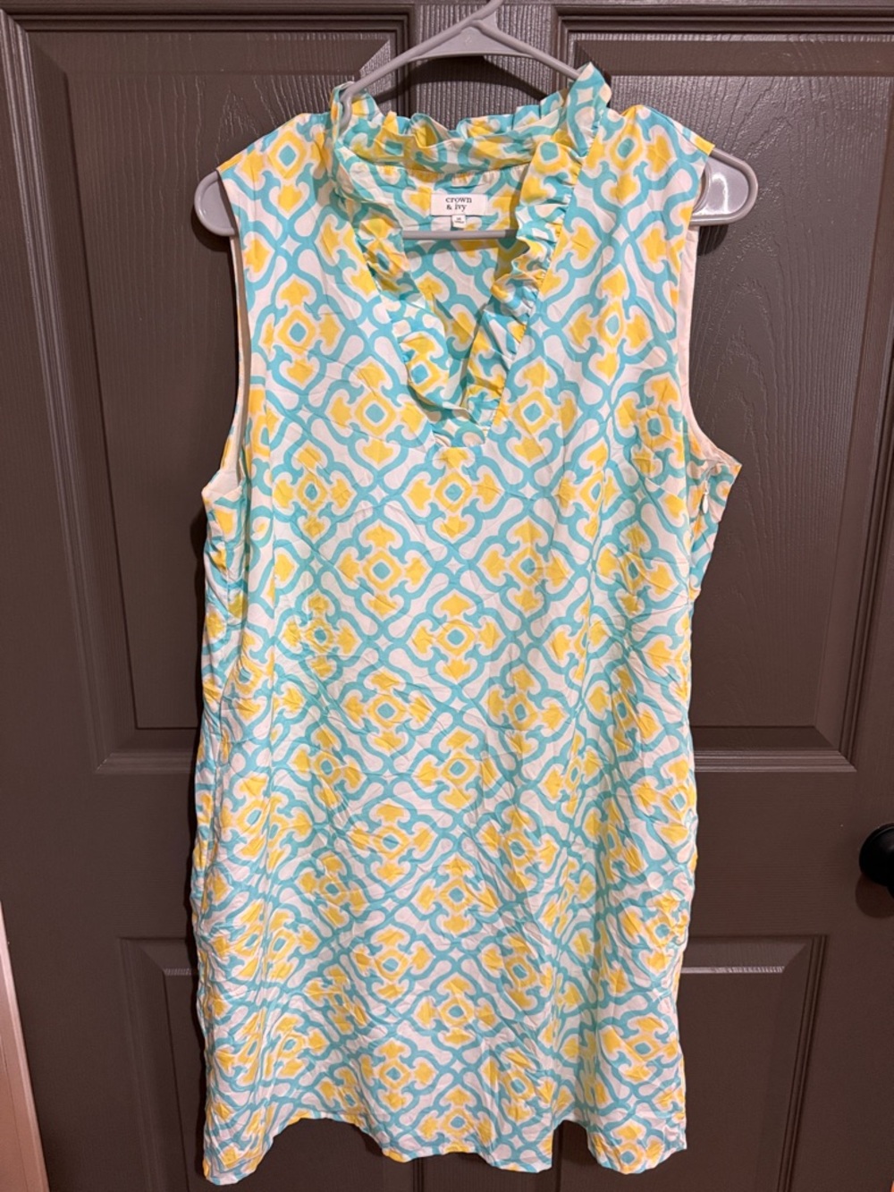 crown & ivy Aqua and Yellow Sleeveless Ruffle-Neck Shift Dress